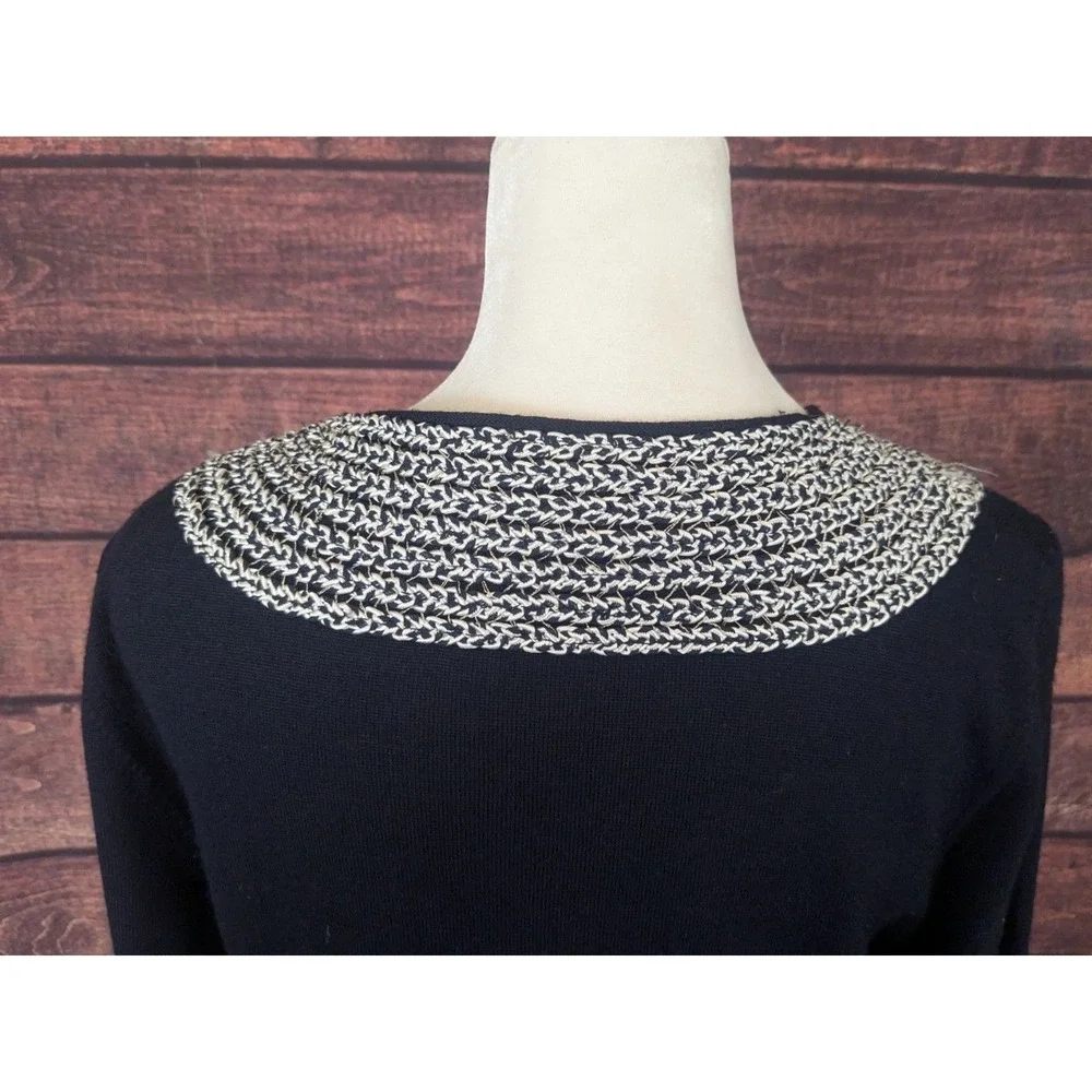 Tory Burch Merino Wool Tunic Sweater Medium NavyBeaded Rope Collar Long‎ Sleeve